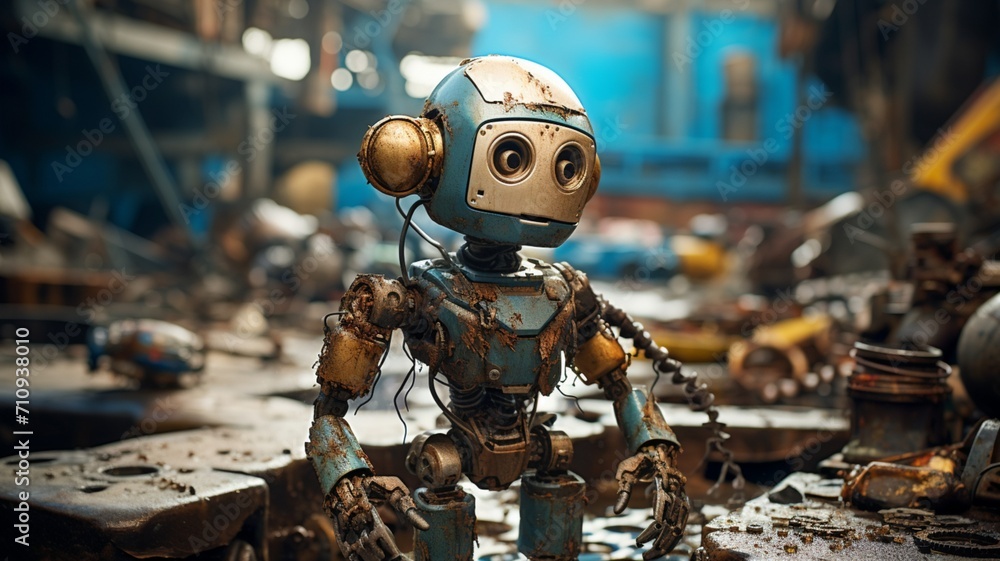 A joyous robot perched on rusting metal surfaces, surrounded by the textures of decay and the beauty of resilience -Generative Ai