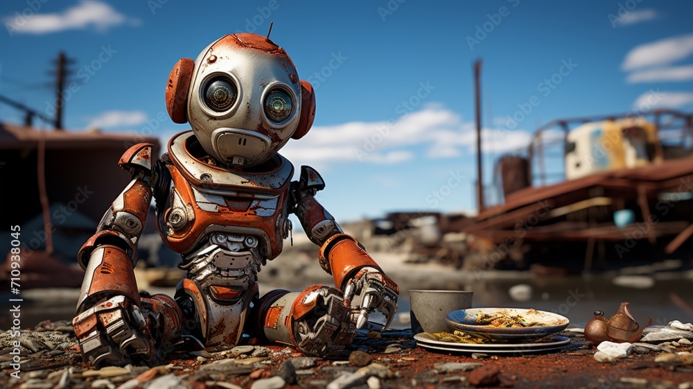 A joyous robot perched on rusting metal surfaces, surrounded by the textures of decay and the beauty of resilience -Generative Ai A joyous robot perched on rusting metal surfaces, surrounded by the textures of decay and the beauty of resilience -Generative Ai
