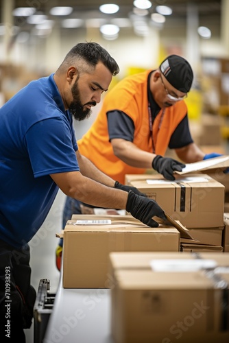 Two warehouse workers packing boxes