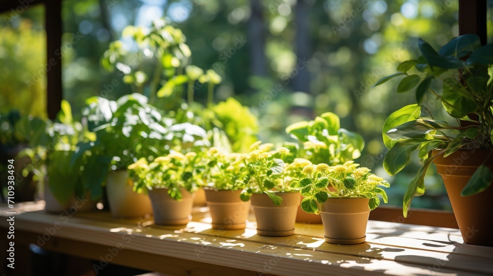A variety of potted plants on a wooden shelf in front of a large window