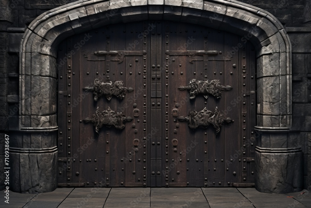 Massive gothic doors made of dark wood with stone inserts