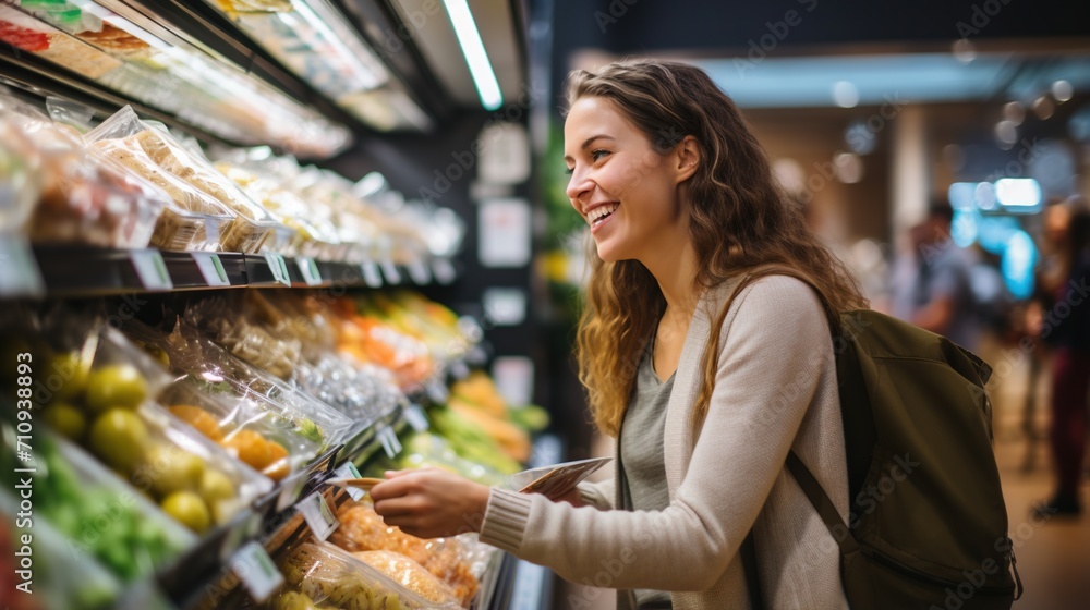 Happy young woman shopping for groceries in supermarket