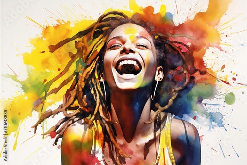 watercolor illustration in bright colors, african girl with dreadlocks smiles on a light background