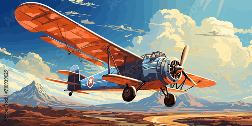 vector illustration of the clouds image with a biplane flying in the blue sky