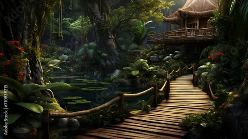 A jungle hideaway with a wooden deck  surrounded by exotic plants  offering a serene escape into the heart of nature -Generative Ai