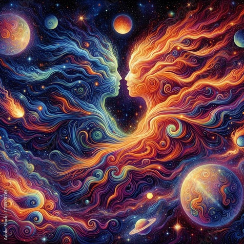 Twin flame couple. Soulmates. The concept of magical, esoteric, tantric, spiritual love. Connection between souls. Illustration for websites and much more. Created using generative ai tools.