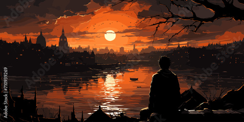 young man sits on a boat looking at the flooded abandoned city, digital art style, illustration painting