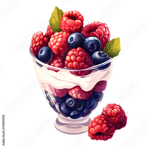 Mixed berries in a parfait isolated on white background, cartoon style, png
 photo