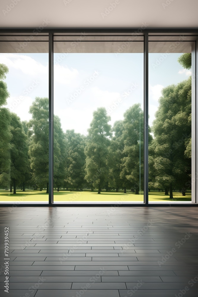 Naklejka premium Modern house with large windows overlooking a lush green forest