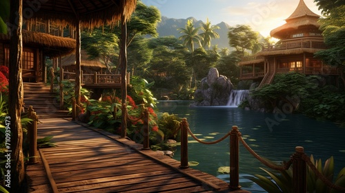 A jungle hideaway with a wooden deck, surrounded by exotic plants, offering a serene escape into the heart of nature -Generative Ai