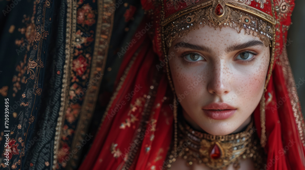 Beautiful young turkish ottoman girl with traditional clothing.