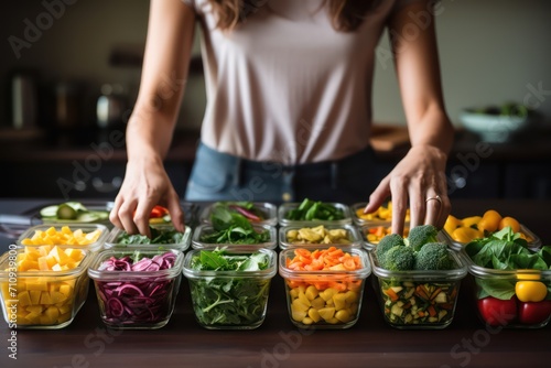 Woman and glass lunch boxes with cut vegetables and fruits. Generative AI