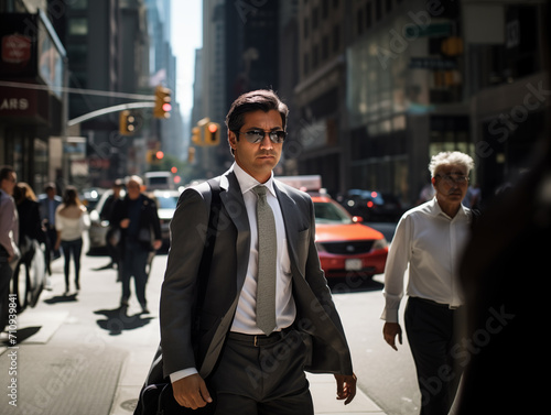 Adult Businessman Walking on a Busy City Street with Corporate Buildings and Cars