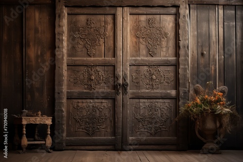 Antique wooden doors with intricate carved patterns photo