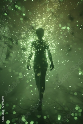 Green particle background with a silhouette of a woman. 