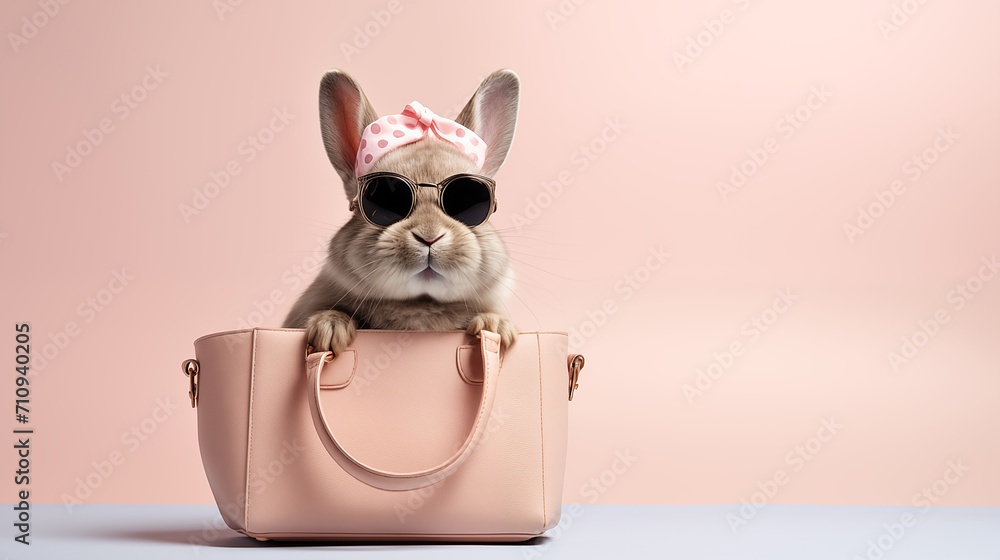 Obraz premium Fashionable rabbit with glasses and a bag as a concept for shopping and branded clothing, copy space 