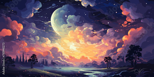 vector illustration of cumulonimbus clouds at night with a background of starry night and a big full moon vector flat bright colors