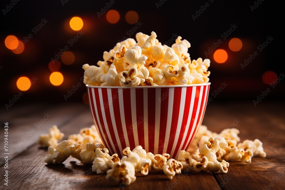 A bowl of popcorn on a wooden table with a blurred background of lights A bowl of popcorn on a wooden table with a blurred background of lights