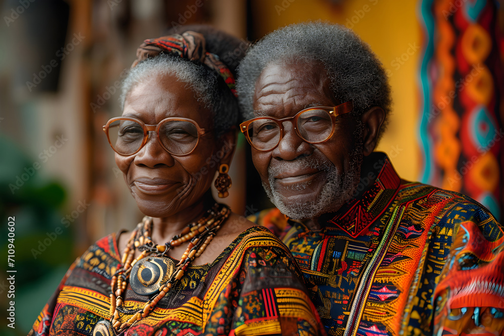 Black History Month banner with african-american elderly couple portrait in national clothes over red yellow green background. Juneteenth Freedom Day Celebration, african liberation day concept.