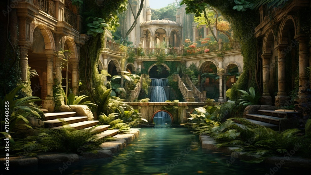 A jungle residence with a hidden courtyard, featuring a vibrant array of tropical plants, creating a private oasis within the lush surroundings -Generative Ai