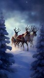 Santa Claus riding in a sleigh with reindeer through a snowy forest