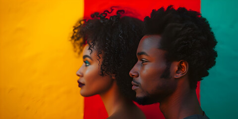 Black History Month banner with african-american couple portrait in profile over red yellow green black colors background. Juneteenth Freedom Day Celebration, african liberation day concept.