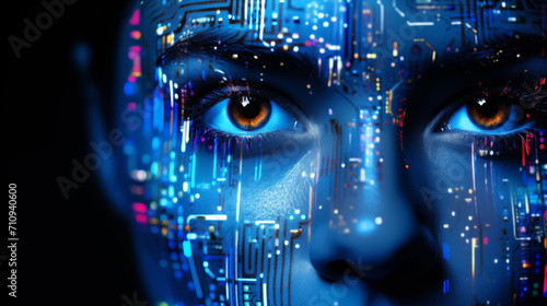 Futuristic portrait of an AI girl in blue colors. Artificial intelligence  microcircuits.