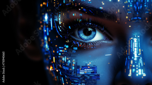 Futuristic portrait of an AI girl in blue colors. Artificial intelligence, microcircuits. photo
