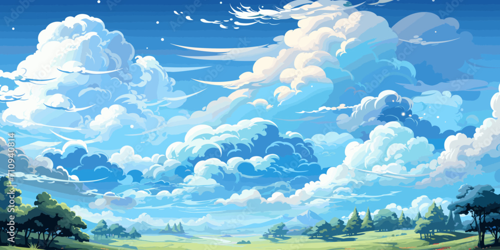 Vector blue sky clouds. Anime clean style. Background design vector flat bright colors Vector blue sky clouds. Anime clean style. Background design vector flat bright colors