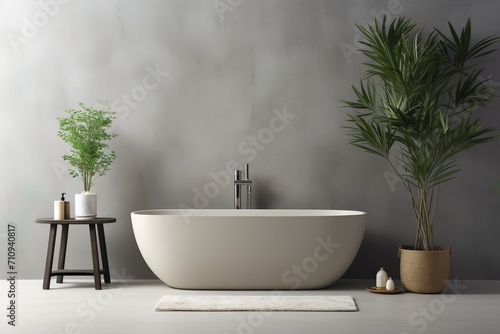 Concrete bathtub in a minimalist bathroom interior with plants