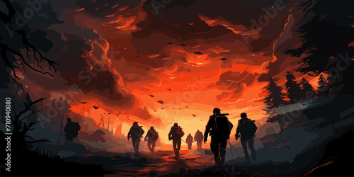 soldiers running away from the enemy's attack, digital art style, illustration painting