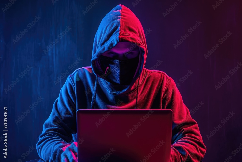 Man wearing hoodie without face with a laptop, dark color background. Cyber security Man wearing hoodie without face with a laptop, dark color background. Cyber security