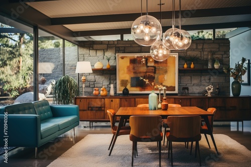 Mid-century modern dining room with blue sofa and stone wall photo