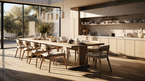 A sleek minimalist kitchen with a central island  complemented by a modern dining table and chairs. 