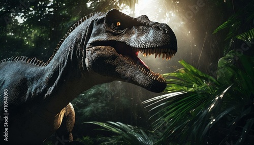 Dinosaurio T-Rex en medio de una selva. Amenazante y salvaje. Generado con IA © Renán Vicencio Uribe