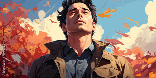 lonely man looks up at the sky feeling blue background are windy autumn leaves in pastel vector illustration