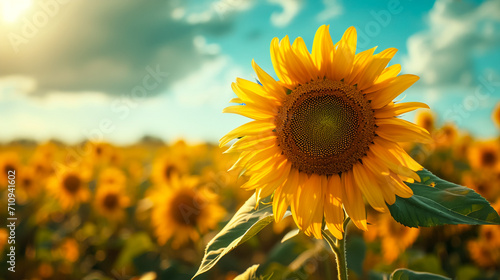 Close-up of a sunflower growing in a field of sunflowers during a nice sunny summer day with some clouds. Helianthus