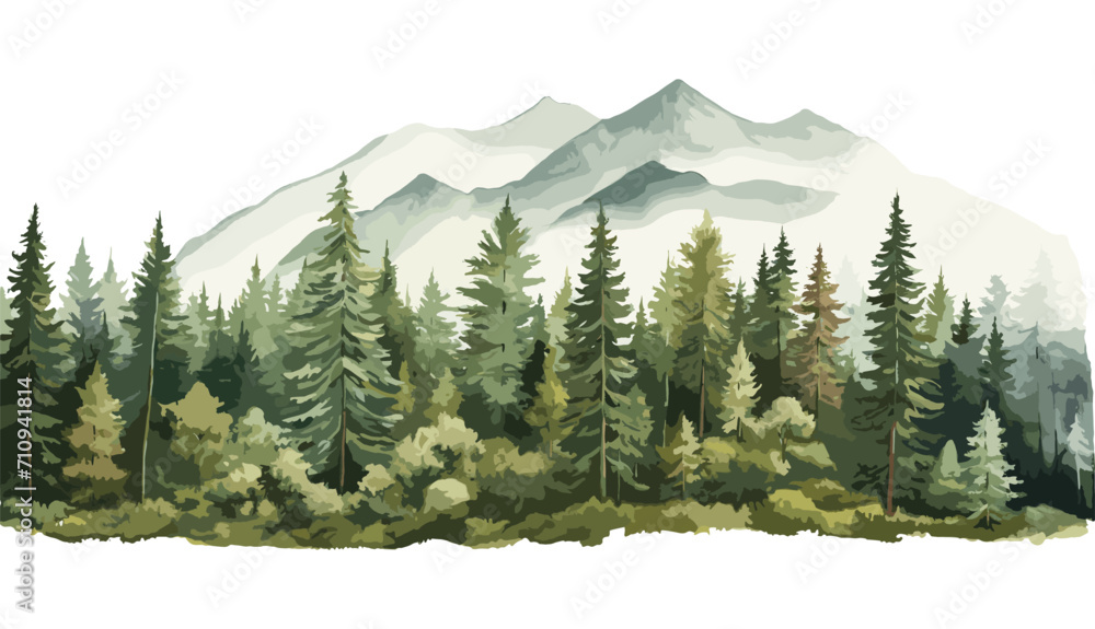 Fototapeta premium Watercolor Forest tree illustration. Mountain landscape. Woodland pine trees. Green Forest.