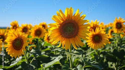 Close-up of a sunflower growing in a field of sunflowers during a nice sunny summer day with some clouds. Helianthus