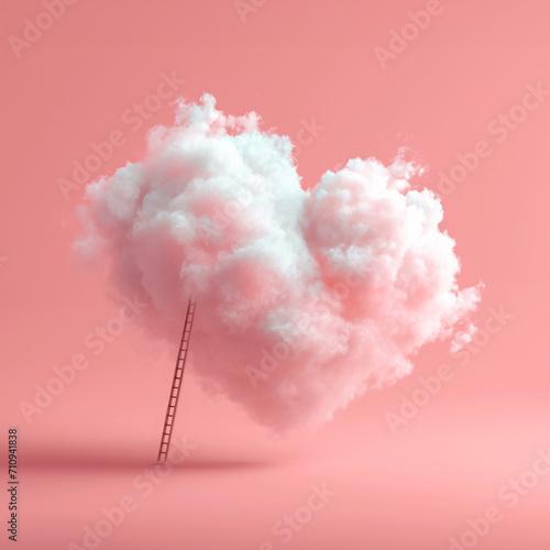 Pink fluffy cloud with ladder against pink background. Concept of falling in love. Valentine's day card.