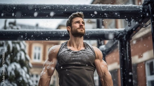 Handsome young man with big muscular and vascular arms, attractive and fit youthful male model working out outdoors in the calisthenics or street workout park, snow falling, strong winter athlete photo