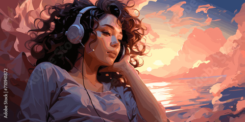 Lofi girl laying on the bed. Smooth atmosphere, hip hop. Soft colors, soft lights vector flat bright colors