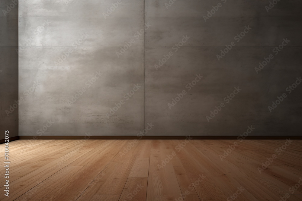 Empty room with wooden floor and concrete walls