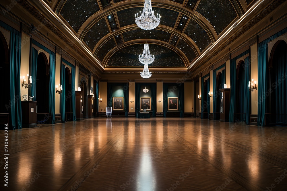Majestic ballroom with a starry ceiling and grand chandeliers casting soft light on portraits
