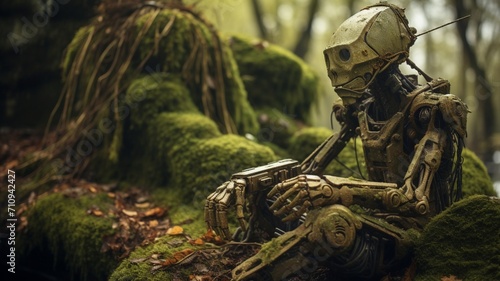 A lone android, covered in rust, seated on a moss-covered stone, silently contemplating the decay of its mechanical surroundings -Generative Ai
