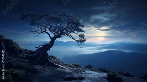 A lone, gnarled tree on a moonlit mountain slope, standing as a silent sentinel against the vast, nocturnal landscape -Generative Ai