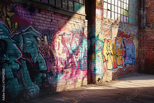 Graffiti-covered Brick Wall Adjacent to Building