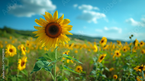 Beautiful field of blooming sunflowers against blurry sunset golden light