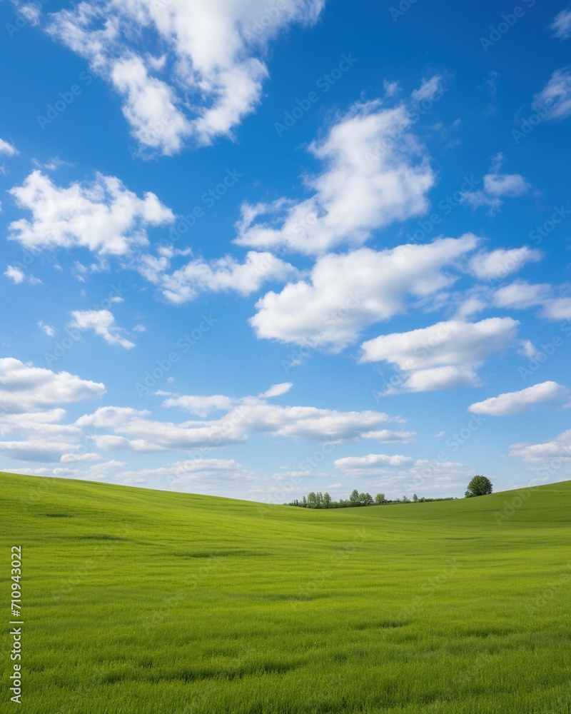 Green rolling hills under blue sky and white clouds