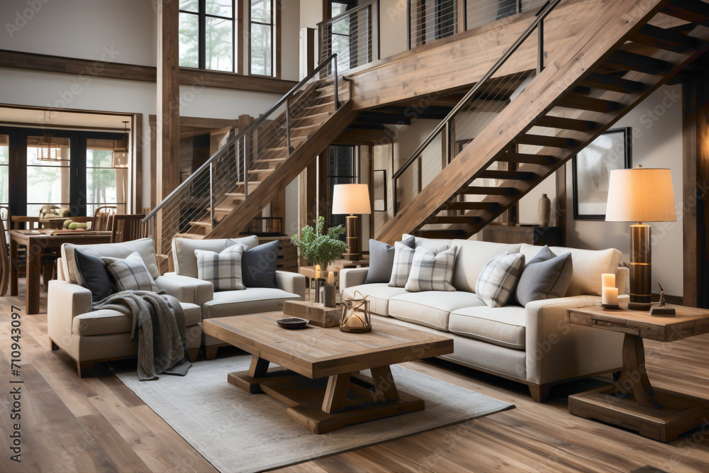 Picture a modern living room adorned with wooden elements, featuring a rustic staircase that adds warmth and character to the space, creating a cozy farmhouse home interior.